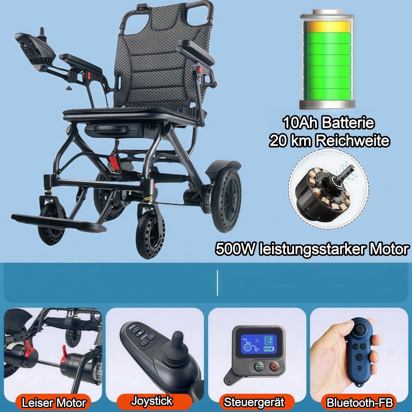 ByteTecpeak D04 Leichter faltbarer Elektrorollstuhl mit Dreifachsteuerung-Joystick, Fernbedienung und Bluetooth, 500W leiser Motor, 20 km Reichweite