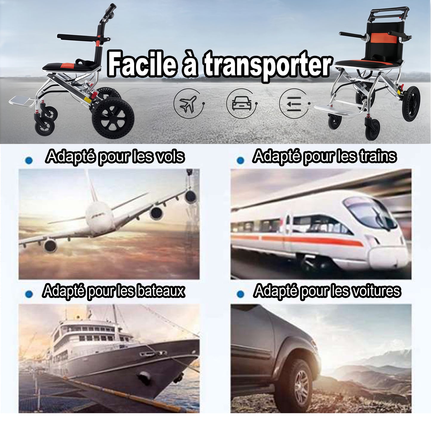 Fauteuil roulant pliable en aluminium ByteTecpeak M1 – Léger, facile à transporter et supportant jusqu'à 100 kg
