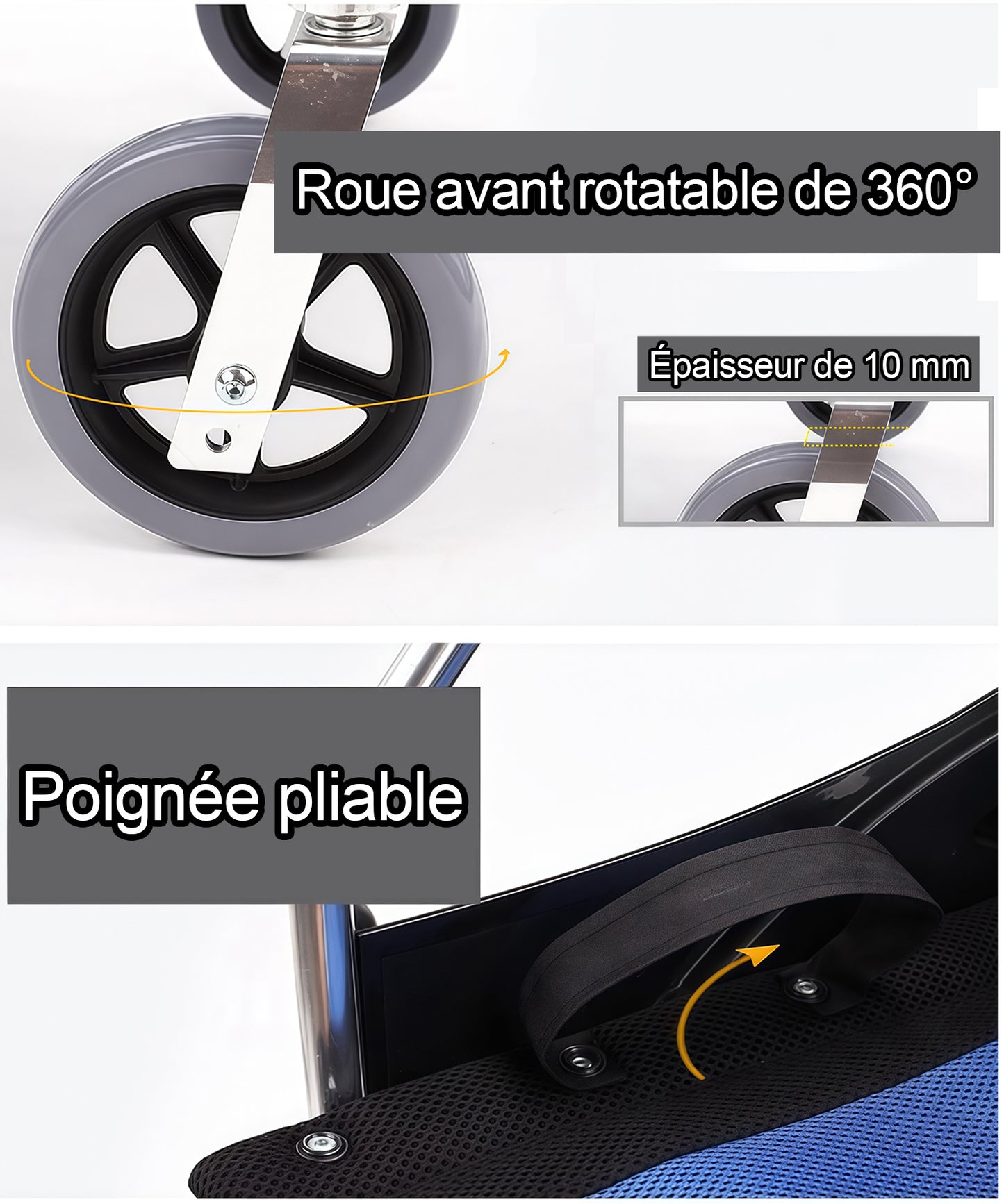 Fauteuil roulant pliable ultraléger ByteTecpeak M3 avec freins, largeur d'assise 44,5 cm
