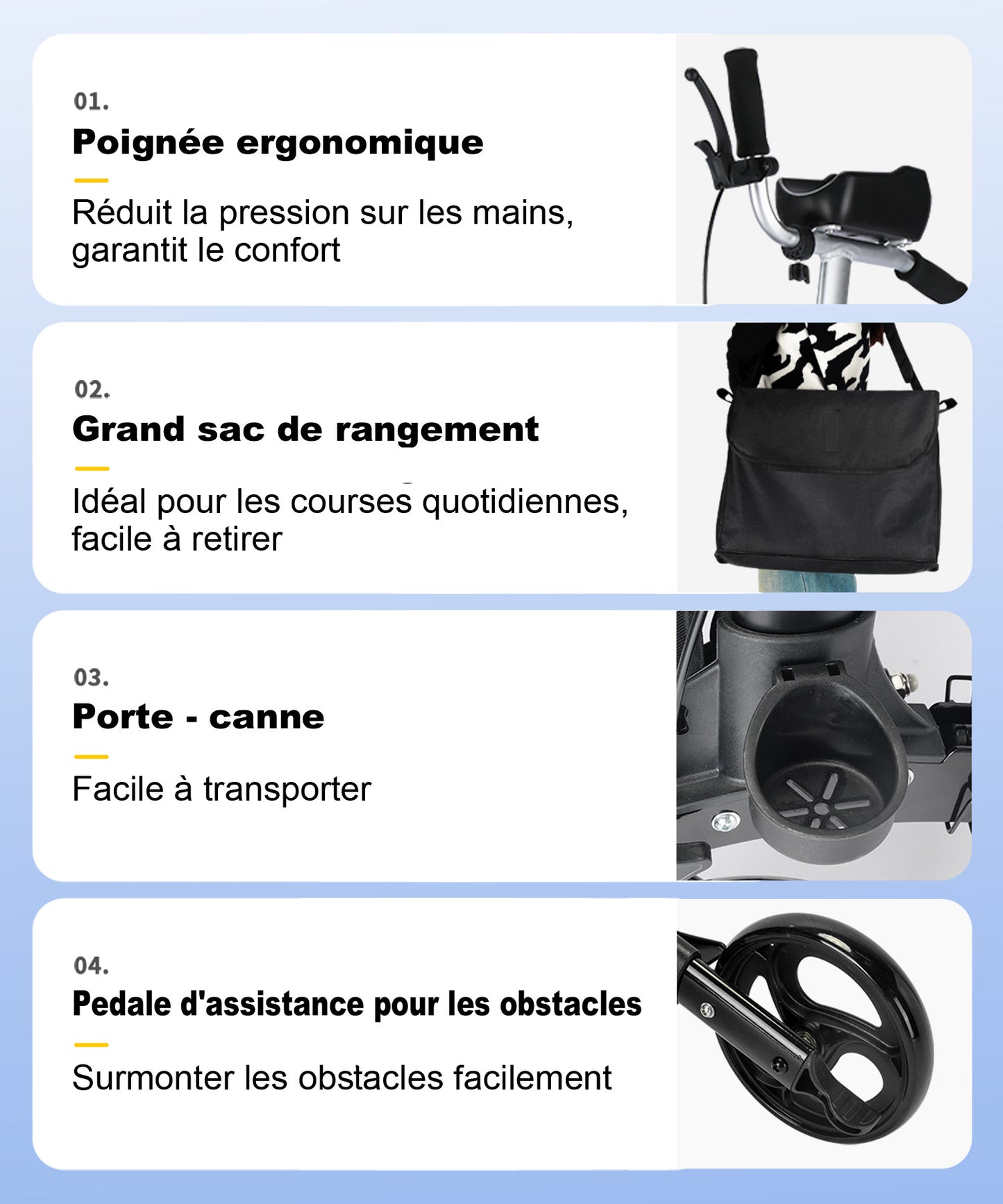 ByteTecpeak R2 Rollateur léger pliable en aluminium, avec siège, béquilles, dossier et sac, équipé de supports d'avant-bras réglables, supporte jusqu'à 100 kg, idéal pour les personnes âgées.