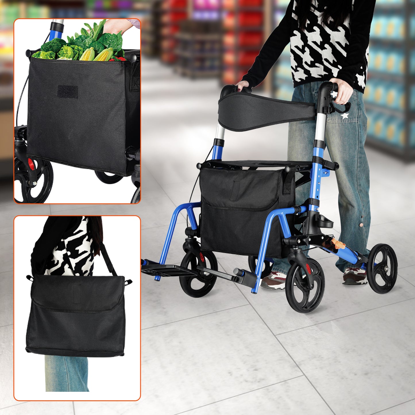 ByteTecpeak R3 Leichter faltbarer Rollator mit Sitz, Bremsen, Tasche