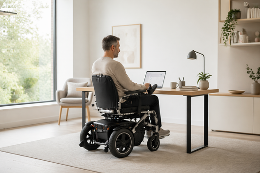 Elektrorollstuhl am Schreibtisch, im Homeoffice und im Büro: Worauf es im Alltag wirklich ankommt