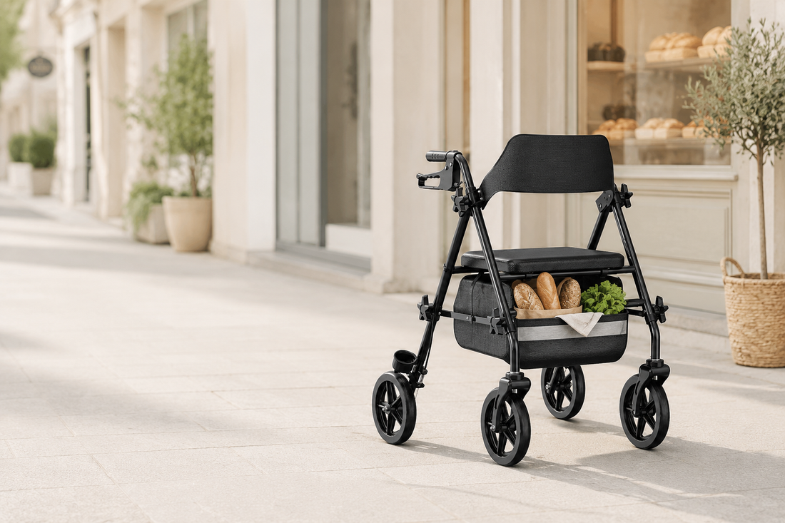 Mit dem Rollator einkaufen gehen: Worauf es bei Tasche, Bremsen und kurzen Pausen ankommt