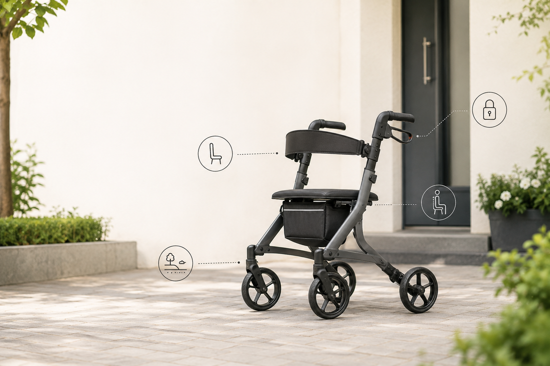Sitzfläche und Rückenbügel beim Rollator: Warum Bremsen, Untergrund und kurze Pausen zusammengehören
