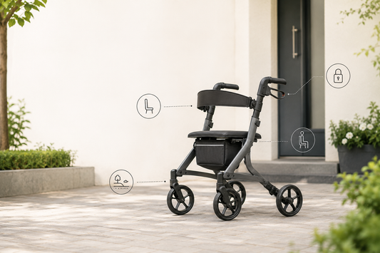 Sitzfläche und Rückenbügel beim Rollator: Warum Bremsen, Untergrund und kurze Pausen zusammengehören