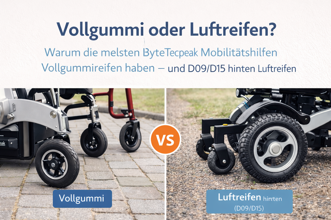 Warum ByteTecpeak bei den meisten Mobilitätshilfen auf Vollgummireifen setzt – und D09/D15 hinten Luftreifen haben