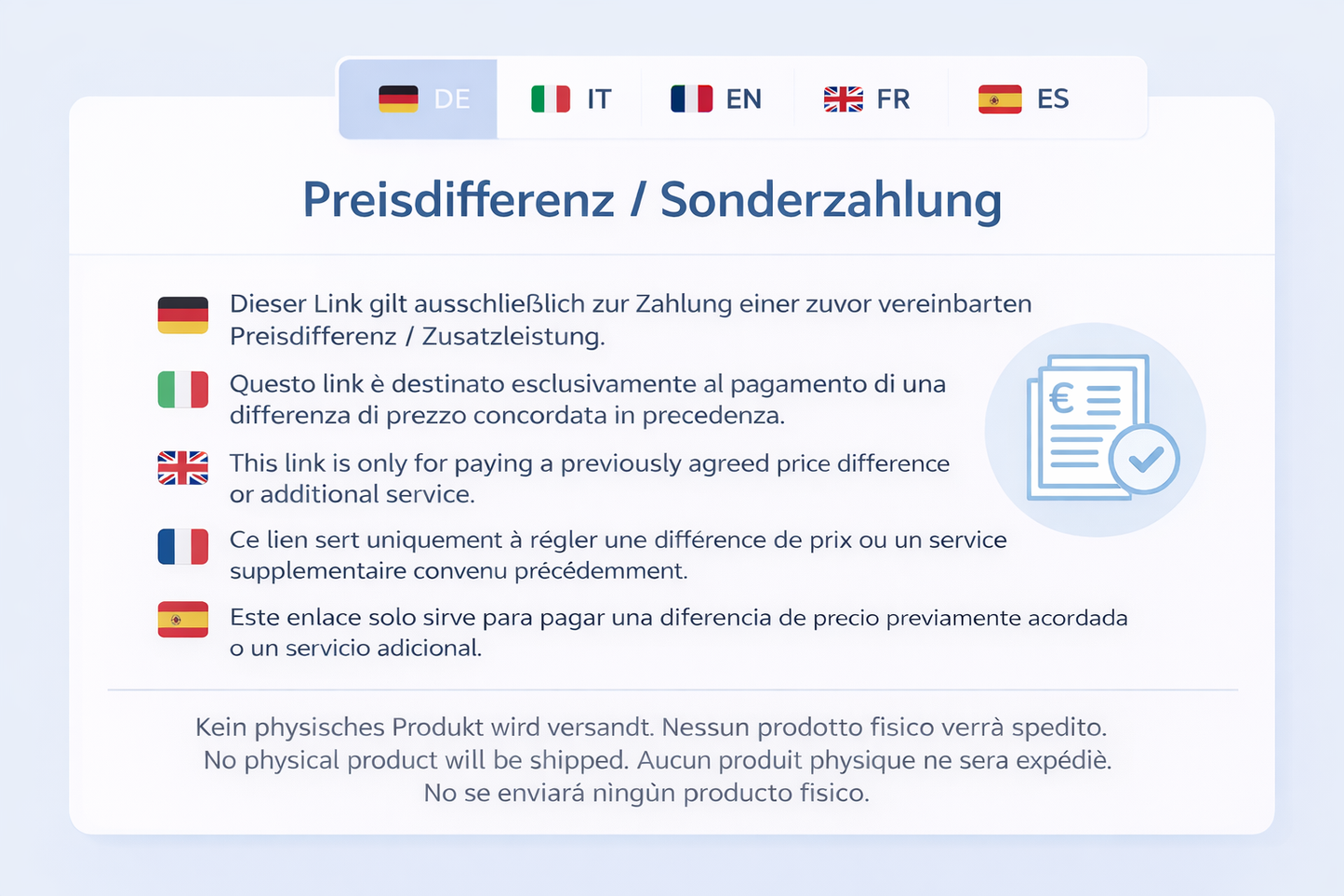 Prijsverschil (totaalbedrag, alleen op afspraak)