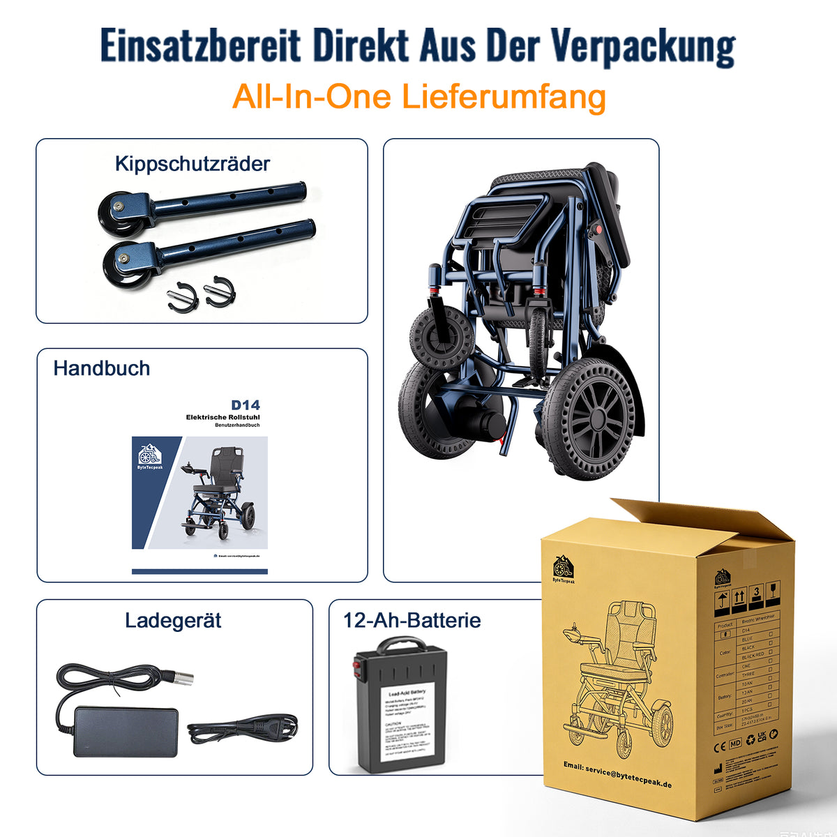 ByteTecpeak D14 Silla de ruedas eléctrica ligera – 20km de autonomía, motor 500W, batería 12Ah
