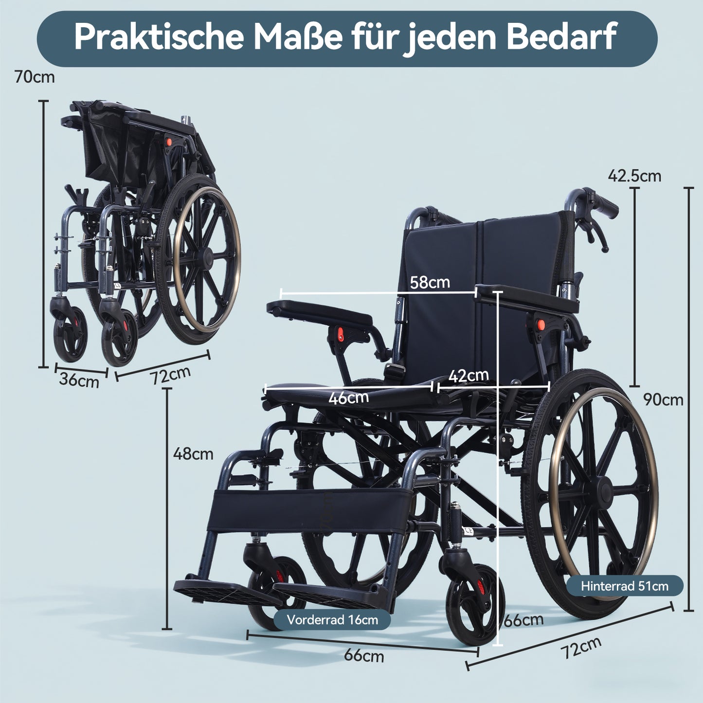 ByteTecpeak M4 Leichter manueller Rollstuhl aus Aluminiumlegierung mit Doppeltem Sitzpolster (Max Belastung 100kg)
