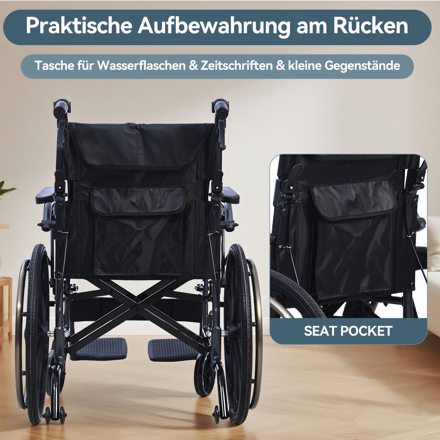 ByteTecpeak M4 Leichter manueller Rollstuhl aus Aluminiumlegierung mit Doppeltem Sitzpolster (Max Belastung 100kg)