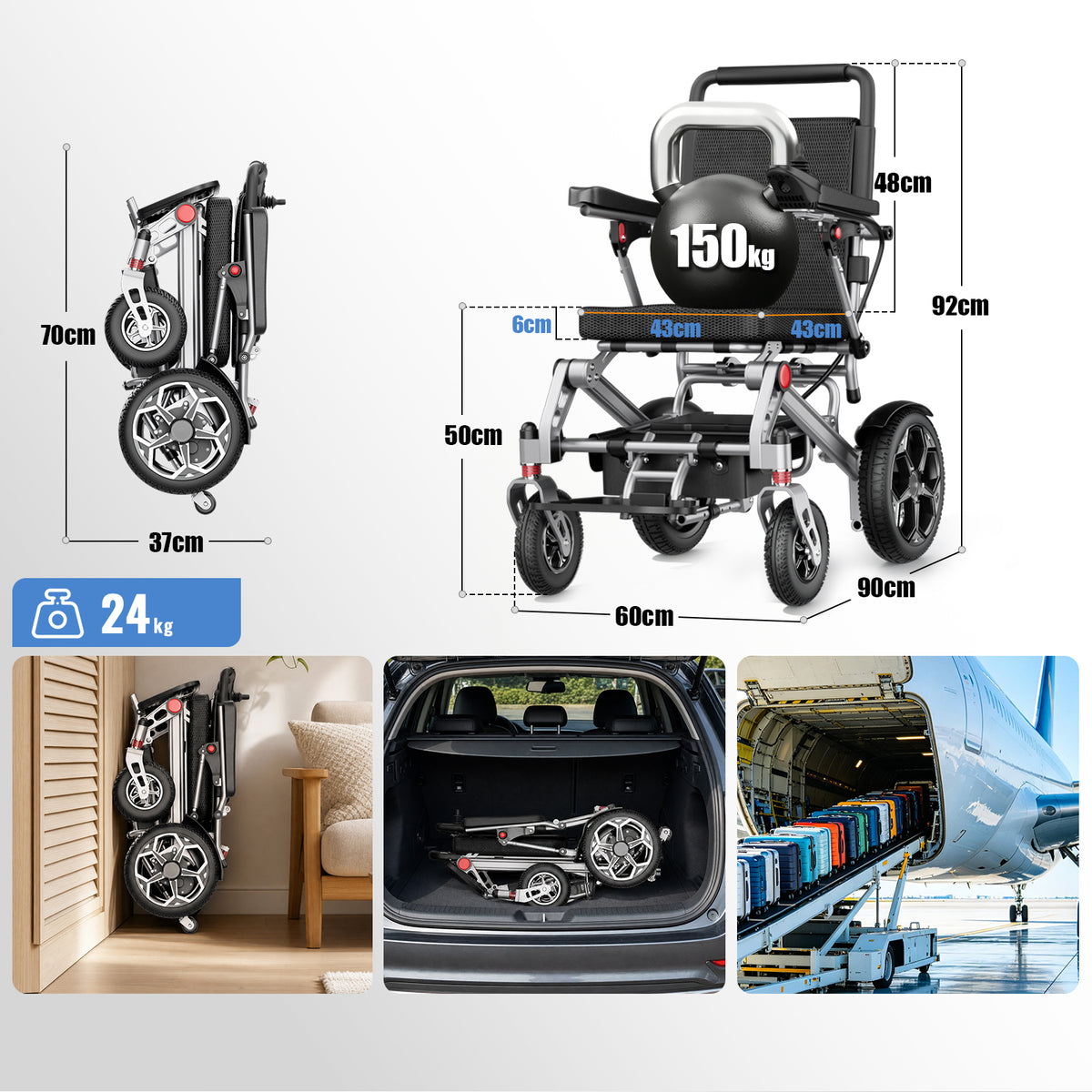 ByteTecpeak D10 Faltbar E-Rollstuhl – 12Ah Akku, Bis 150 kg belastbar,20 km Reichweite