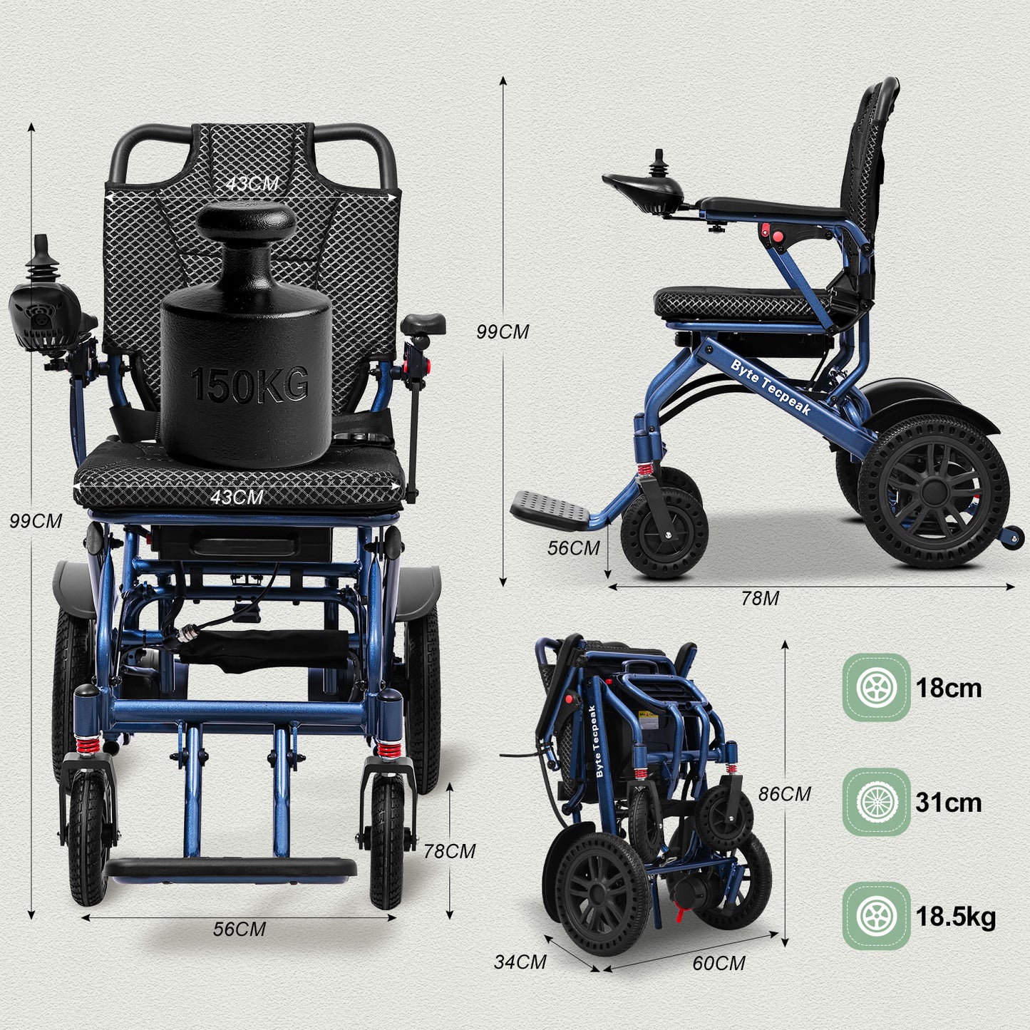 ByteTecpeak D14 Összecsukható Elektromos Kerekesszék 18,5 kg – 500 W, 12 Ah Lítium Akkumulátor