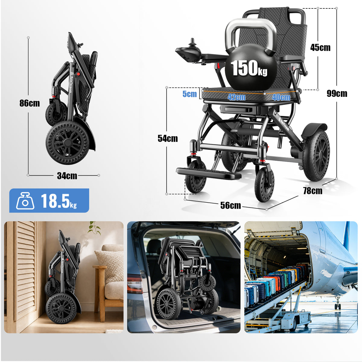 ByteTecpeak D14 Lightweight Electric Wheelchair – 20km Range, 500W Motor, 12Ah Battery
