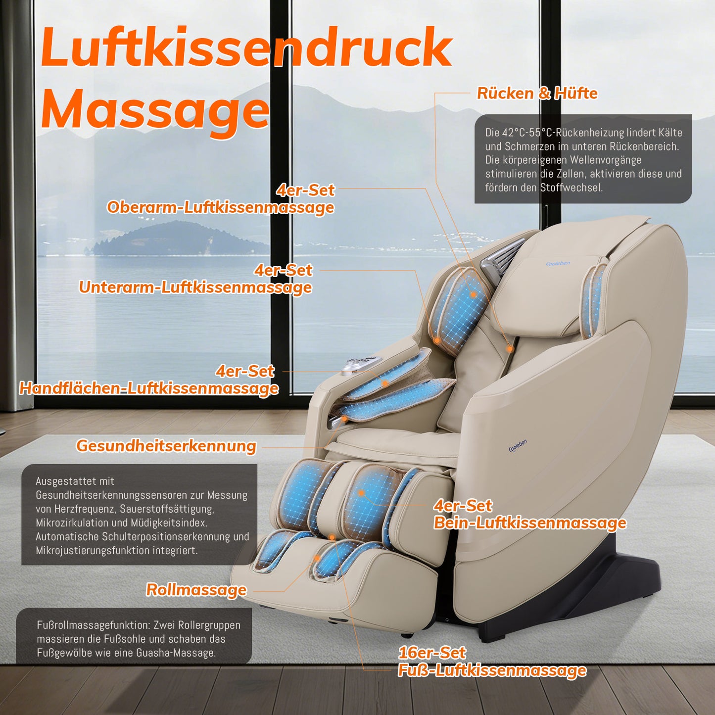 A351 Beige mit Zero Gravity, Sprachsteuerung und Heizfunktion Massagesessel