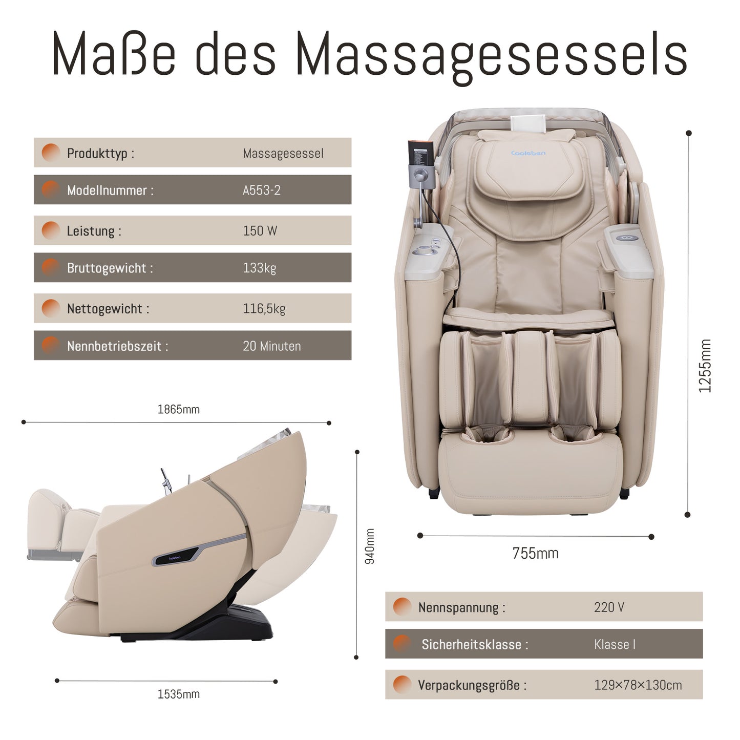 A553 Beige Massage Chair with Dual-Core Back Massage and Voice Control