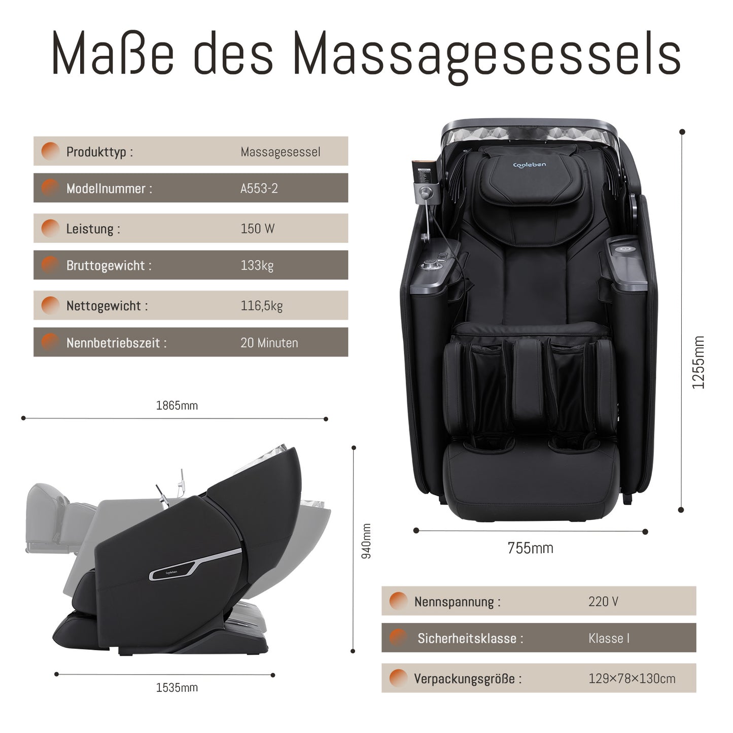 A553 Schwarz mit Dual-Core-Rückenmassage und Sprachsteuerung Massagesessel