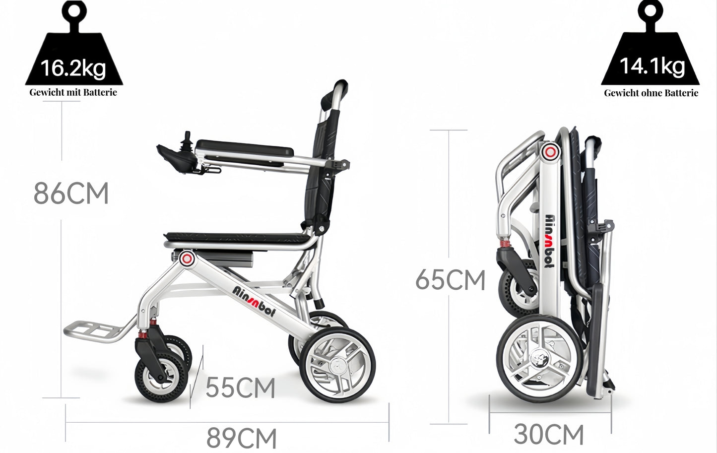 ByteTecpeak D01 nur 14.1kg Ultraleichter Elektrischer Rollstuhl, Faltbar und Tragbar, Flugzeugtauglich, Mit 12A Lithium-Ionen-Batterie, Tragfähigkeit 150 kg