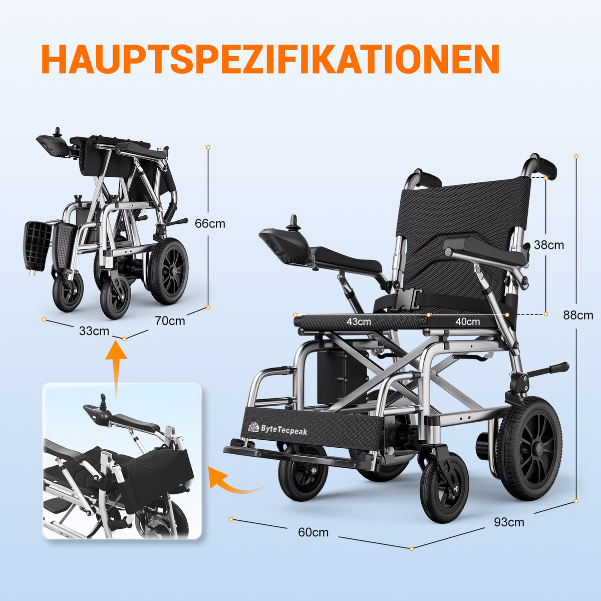 ByteTecpeak D12 Elektrorollstuhl – leicht, faltbar 20 km Reichweite