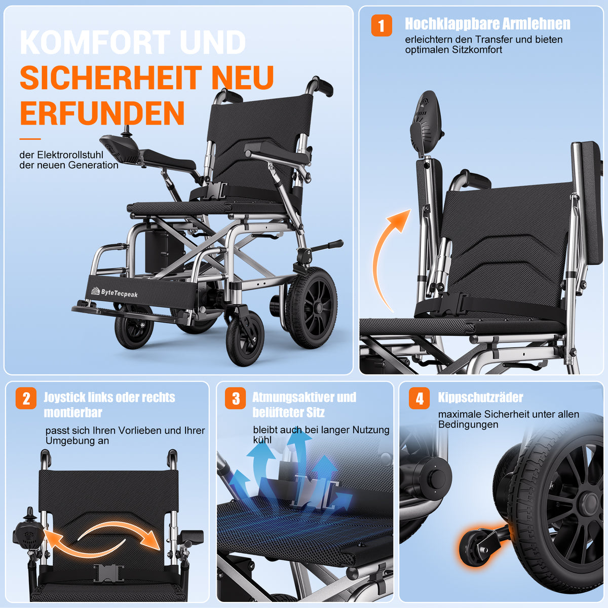 ByteTecpeak D12 Elektrorollstuhl – leicht, faltbar 20 km Reichweite