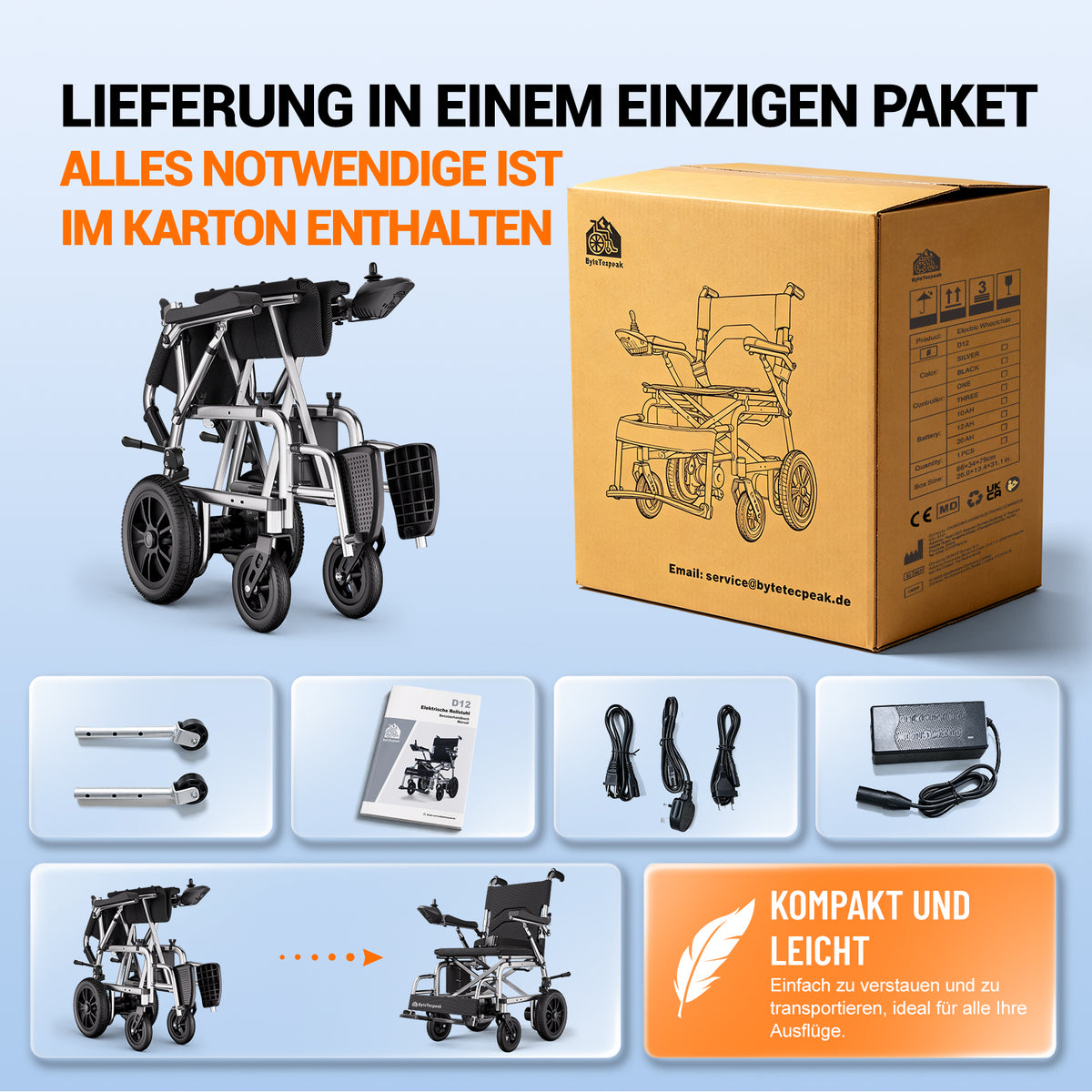 ByteTecpeak D12 Elektrorollstuhl – leicht, faltbar 20 km Reichweite