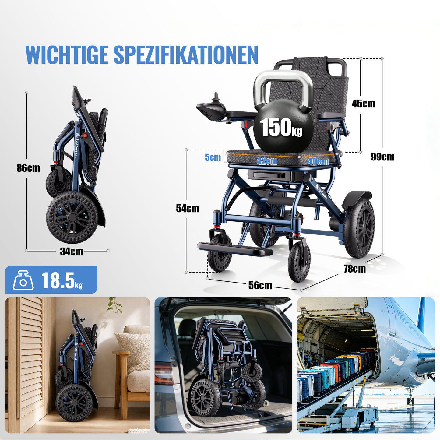 ByteTecpeak D14 Leichtgewicht-Elektrorollstuhl – 18,5 kg, 500 W, faltbar, bis 150 kg