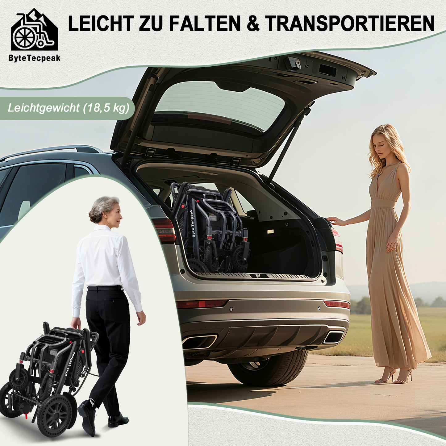 ByteTecpeak D14 Elektrischer Rollstuhl (Schwarz) – 18,5 kg, 20 km Reichweite