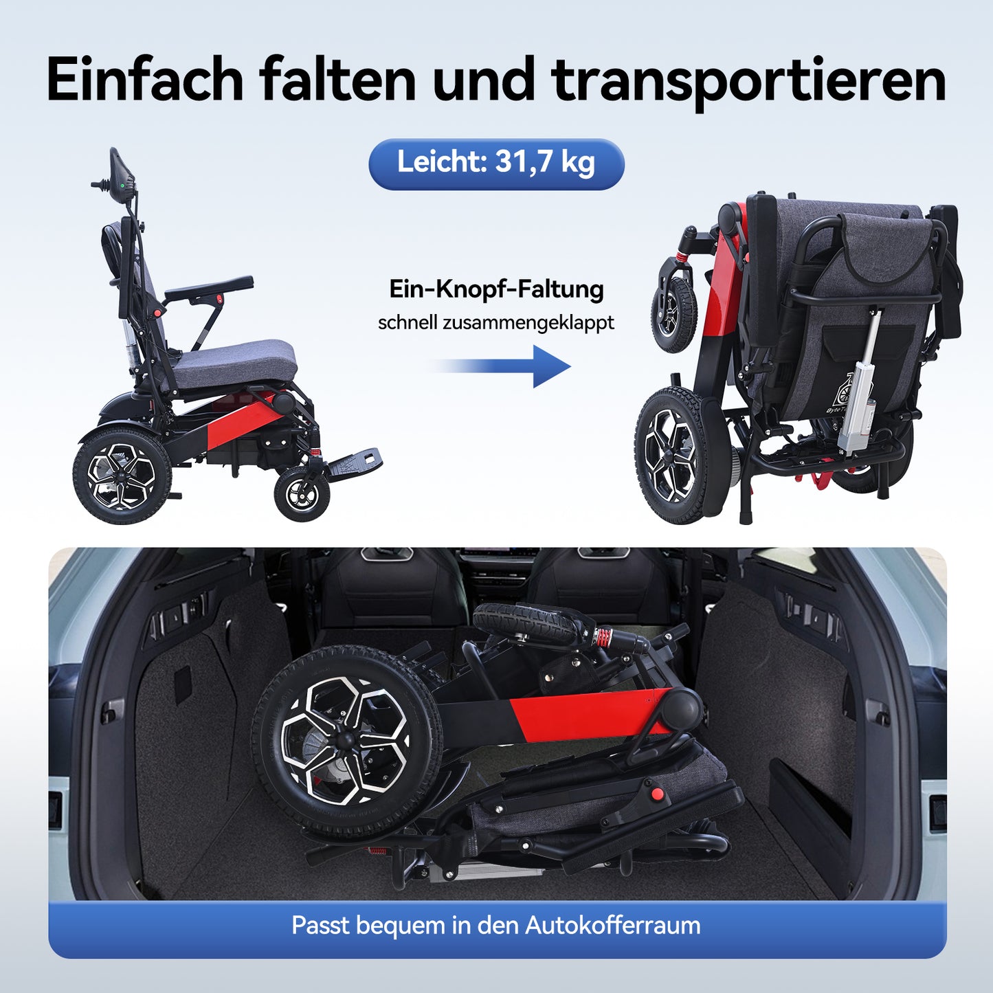 ByteTecpeak D15 Faltbarer Elektrorollstuhl 500W, 12Ah, 150kg Tragkraft