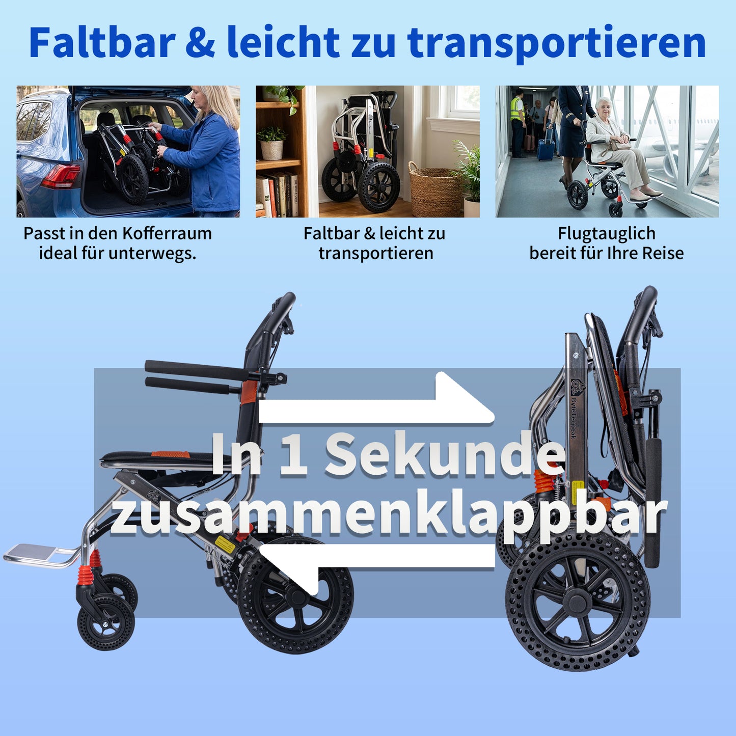 ByteTecpeak M2 Rollstuhl Faltbar, Leichter manueller Rollstuhl aus Aluminiumlegierung mit 100 kg Tragfähigkeit