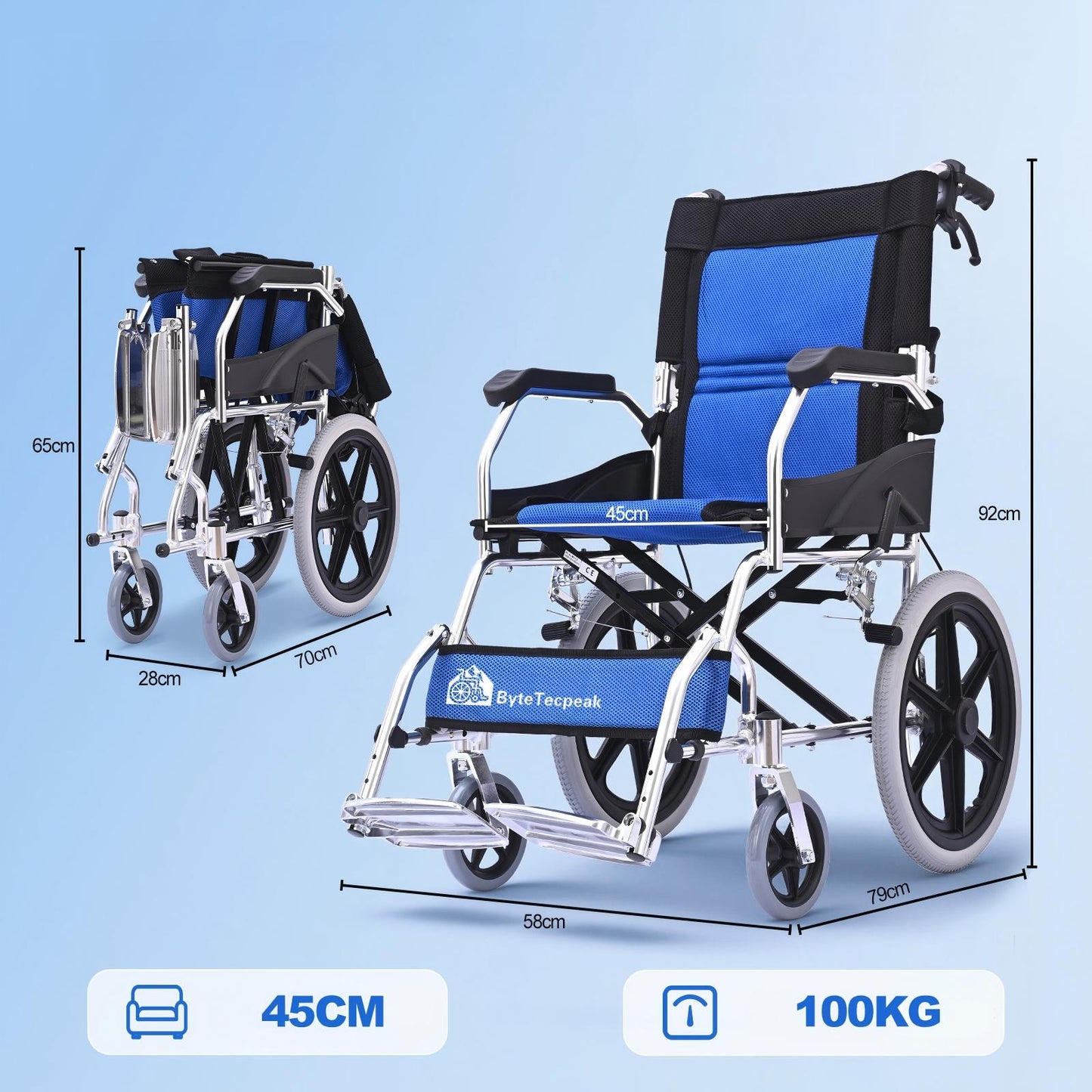 ByteTecpeak M3 Foldable Wheelchair – Sturdy, Lightweight, Aluminum Frame, 100 kg Capacity
