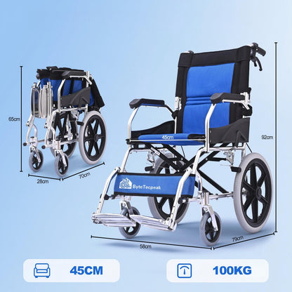 ByteTecpeak M3 Foldable Wheelchair – Sturdy, Lightweight, Aluminum Frame, 100 kg Capacity