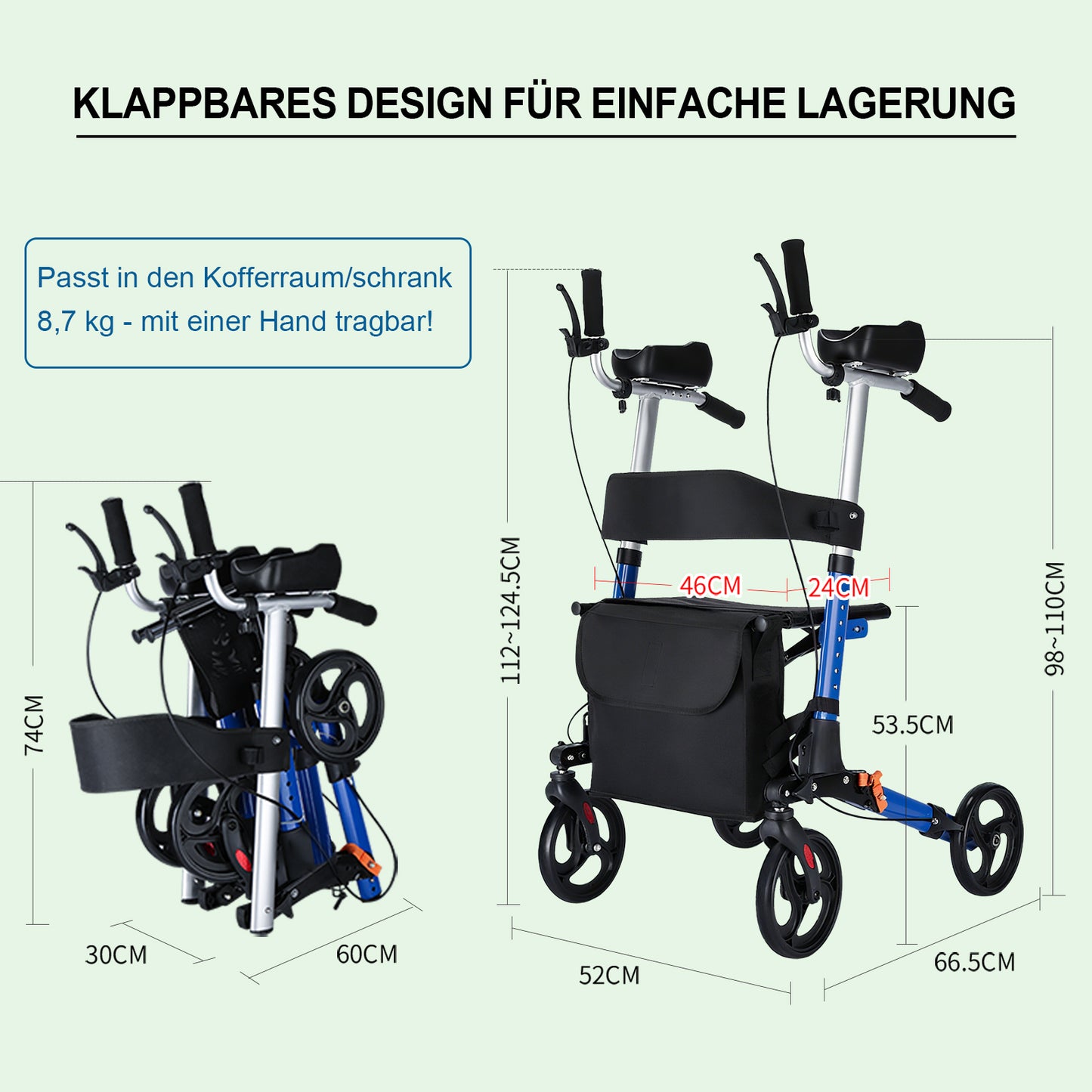 ByteTecpeak R2 letvægtsrollator med sæde, sammenklappelig og højdejusterbar op til 150 kg