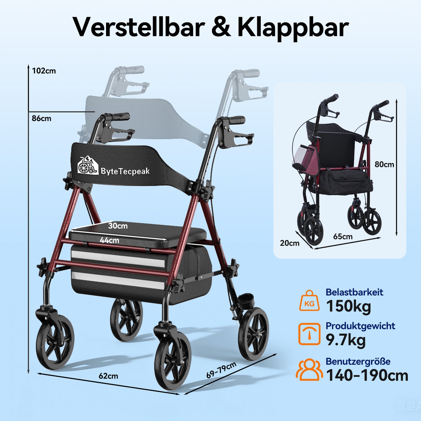 ByteTecpeak R4 Lightweight Foldable Rollator with Seat, Brakes, Bag