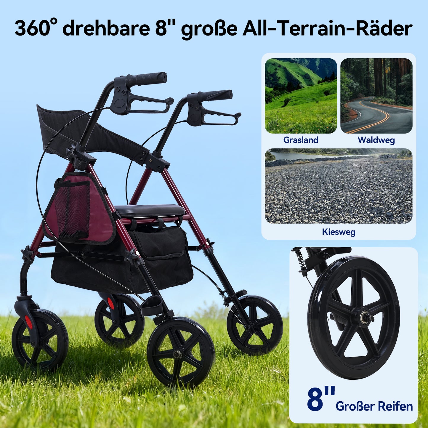 ByteTecpeak R4 Lightweight Foldable Rollator with Seat, Brakes, Bag