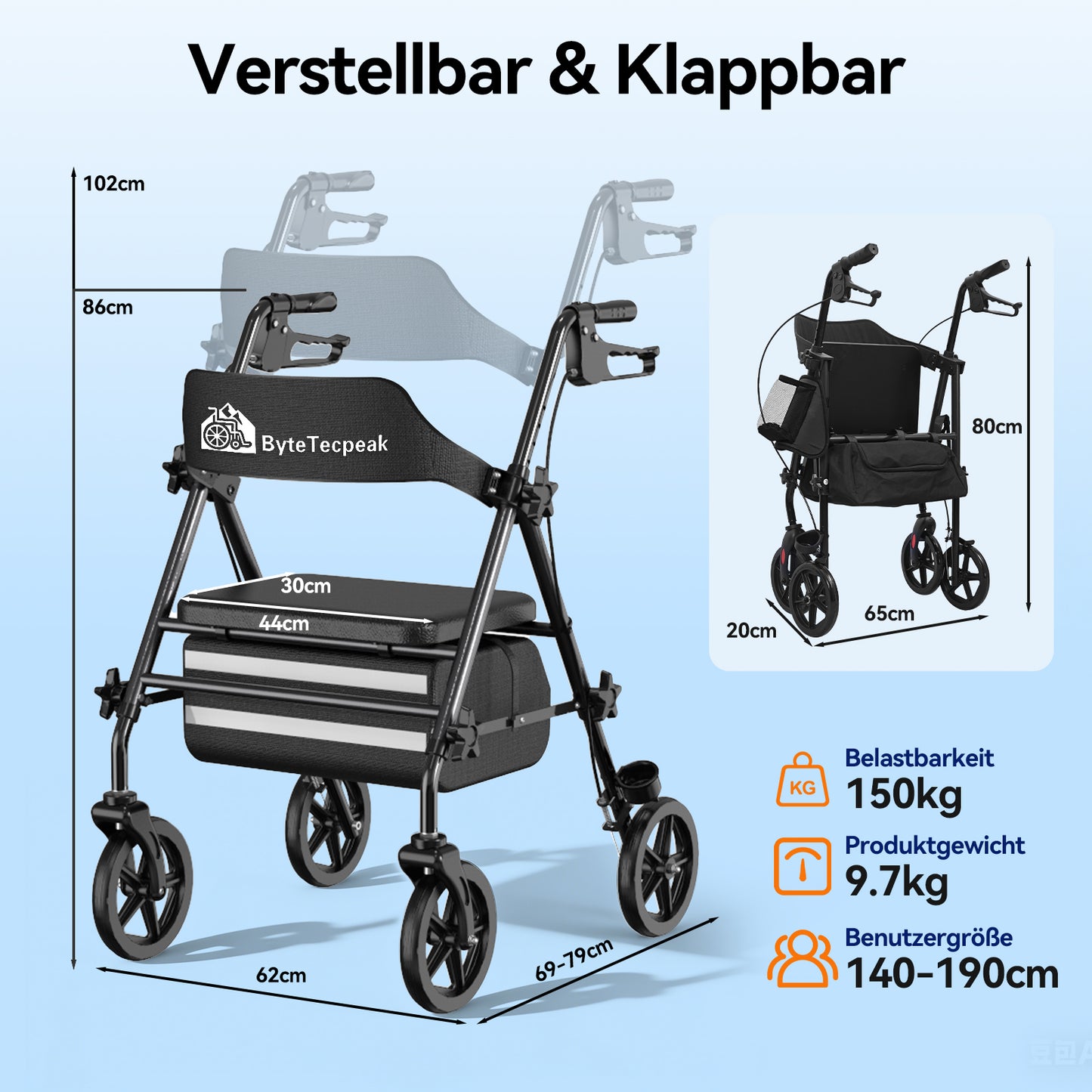 ByteTecpeak R4 Faltbarer Rollator mit Sitz, Schwarzer Rahmen, Kompakt & Verstellbar