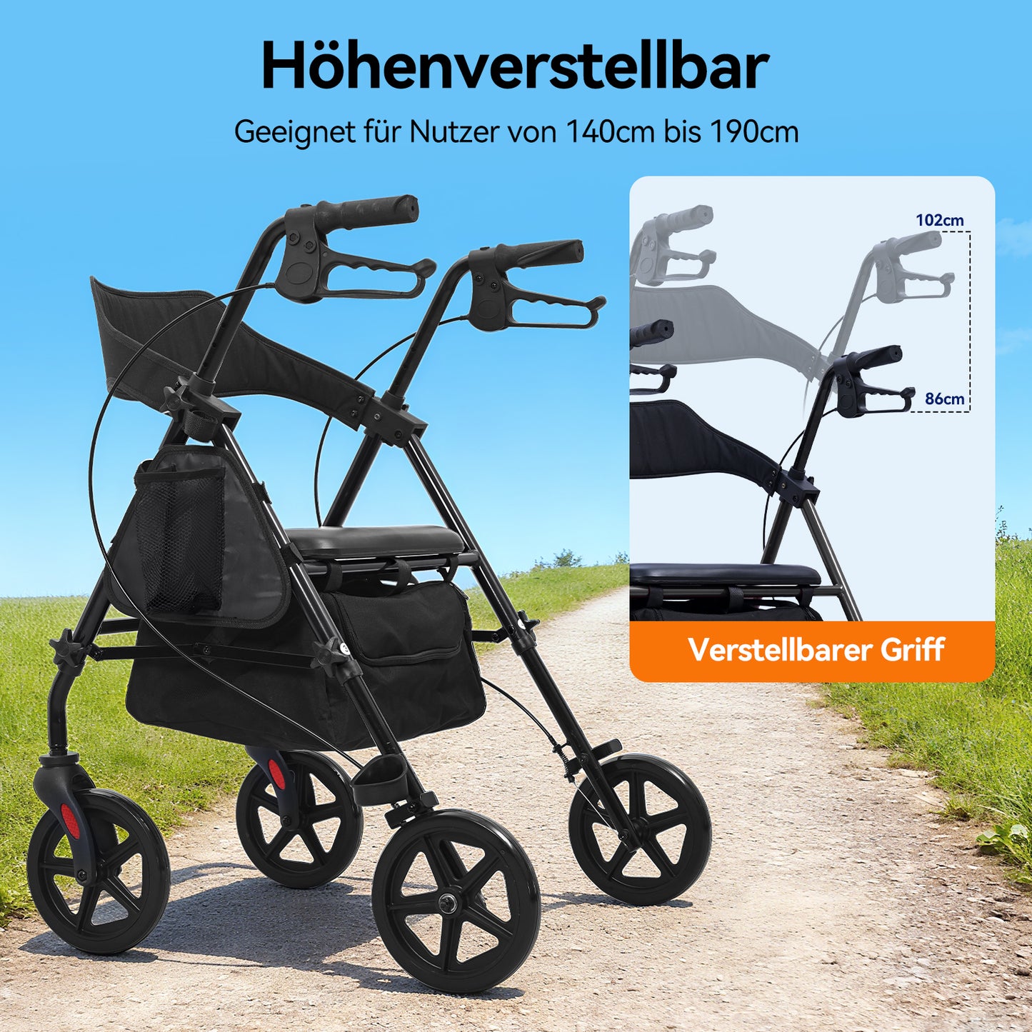 ByteTecpeak R4 Faltbarer Rollator mit Sitz, Schwarzer Rahmen, Kompakt & Verstellbar