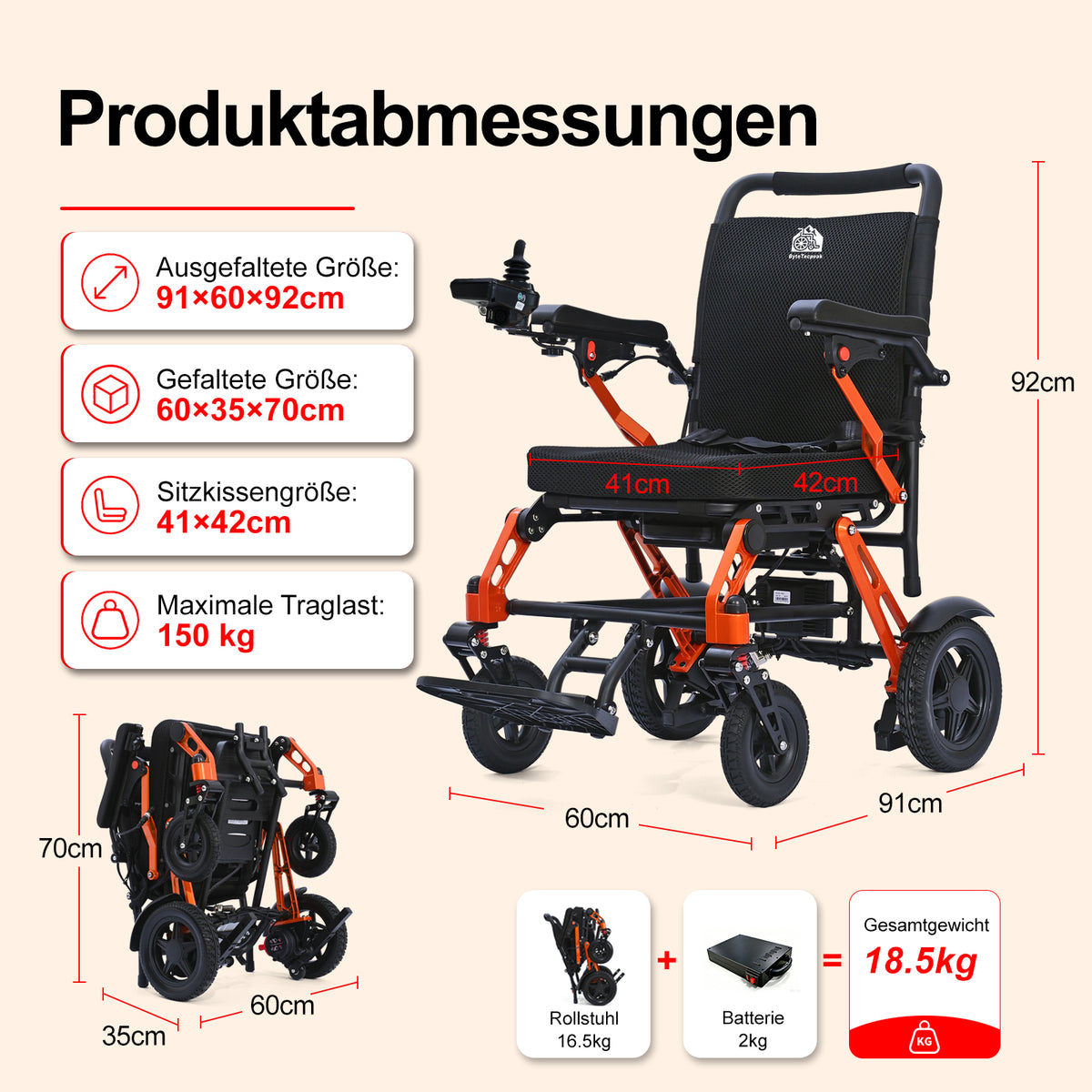 ByteTecpeak XP02 elektrisk kørestol, 12Ah batteri, 20 km rækkevidde, maksimal belastning 150 kg