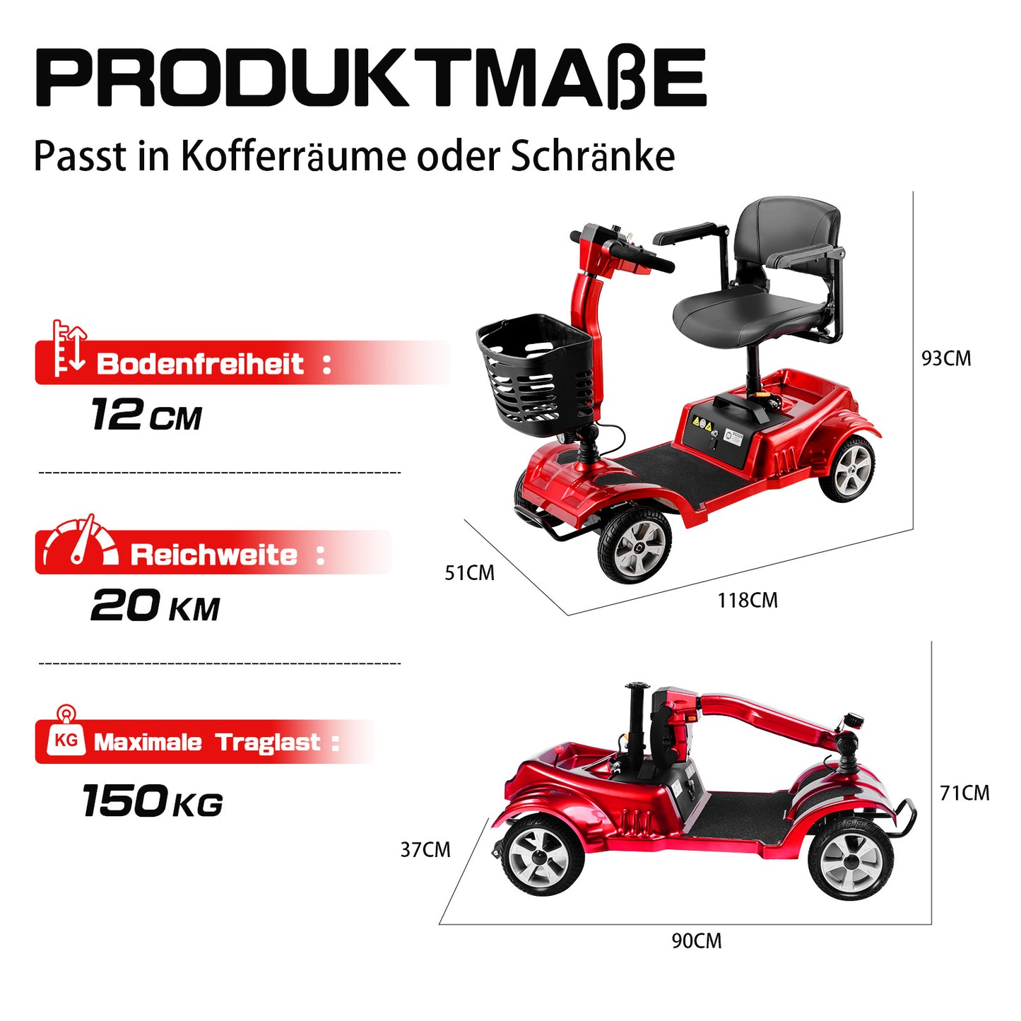 ByteTecpeak Z02 Elektromobil in Rot mit 20 km Reichweite, 350W Motor, faltbar