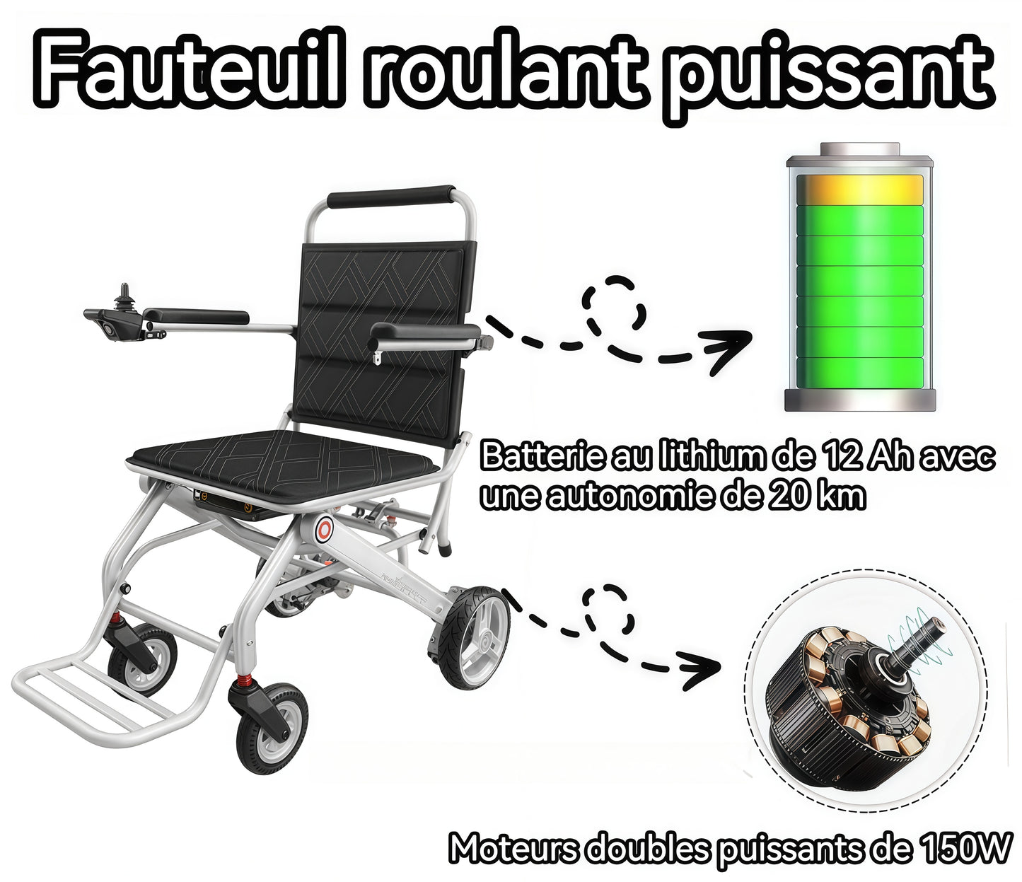 ByteTecpeak D01 seulement 14.1kg Fauteuil roulant électrique ultraléger, pliable et portable, adapté à l'avion, avec batterie lithium-ion 12A, charge maximale 150 kg