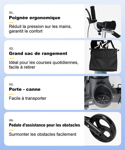 ByteTecpeak R2 Rollateur léger pliable en aluminium, avec siège, béquilles, dossier et sac, équipé de supports d'avant-bras réglables, supporte jusqu'à 100 kg, idéal pour les personnes âgées.