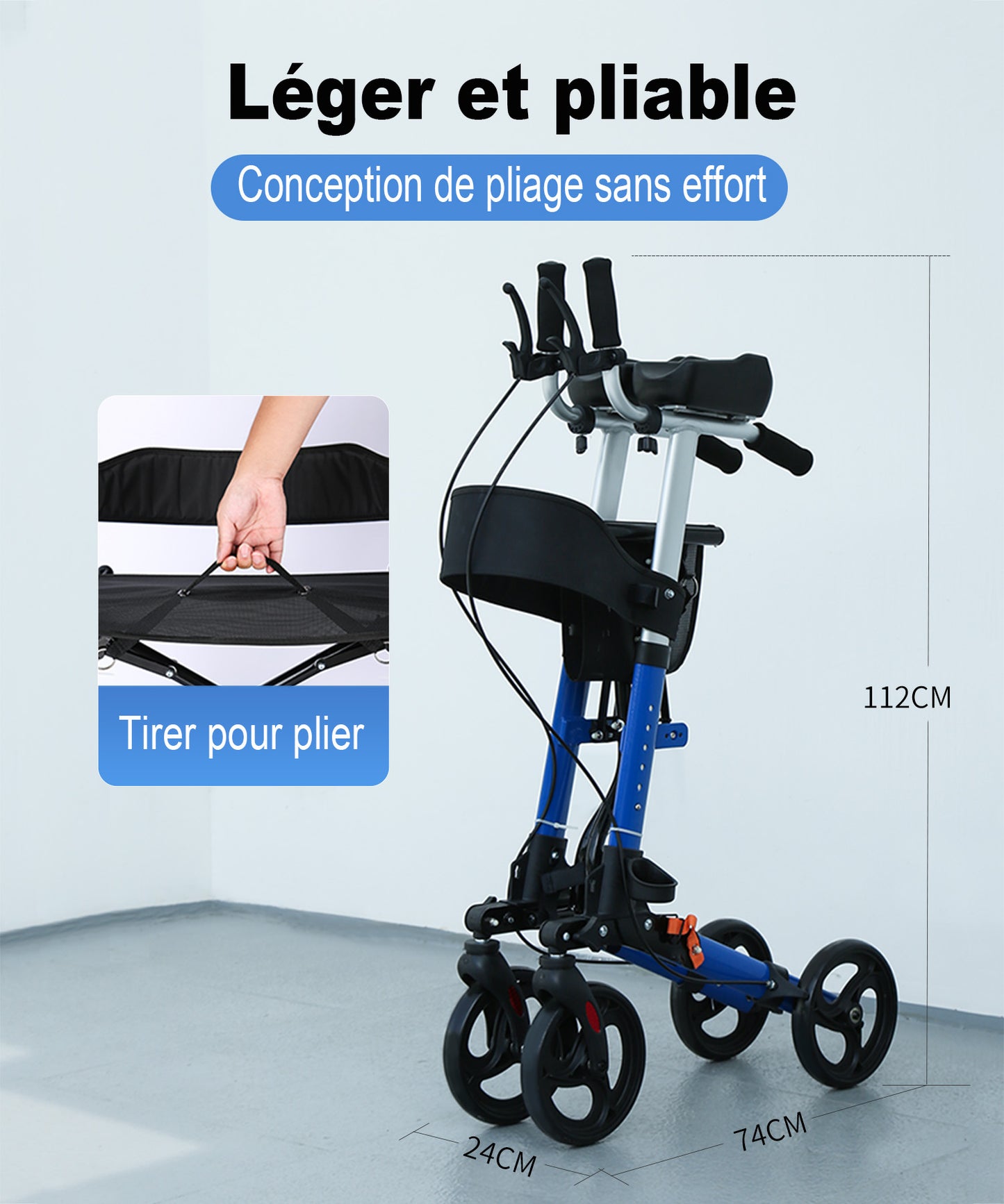 ByteTecpeak R2 Rollateur léger pliable en aluminium, avec siège, béquilles, dossier et sac, équipé de supports d'avant-bras réglables, supporte jusqu'à 100 kg, idéal pour les personnes âgées.
