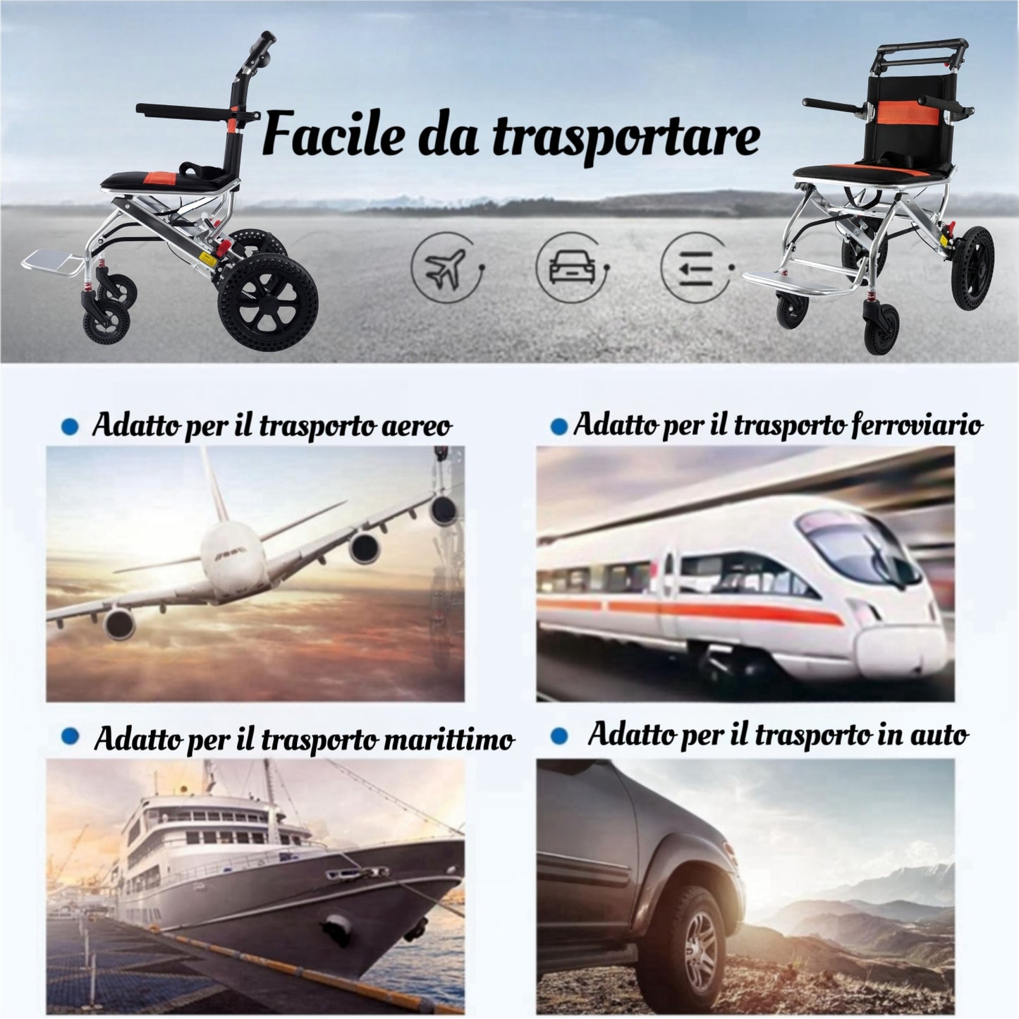 ByteTecpeak M2 Sedia a rotelle pieghevole e leggera, sedia a rotelle da viaggio ultraleggera, sedia a rotelle da trasporto pieghevole per disabili e anziani, sedia a rotelle in acciaio con poggiapiedi, sedia a rotelle, portata 100 kg
