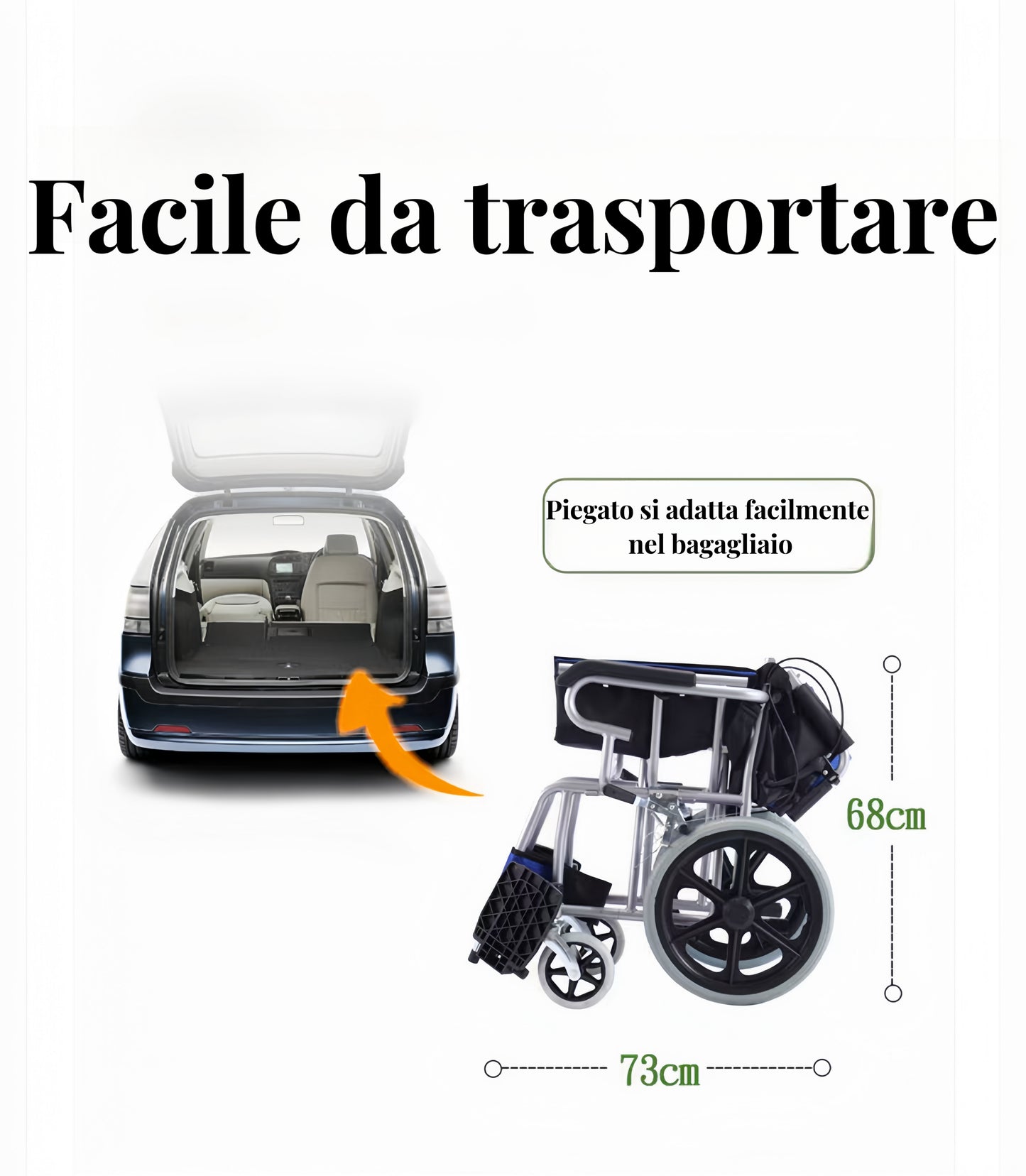 ByteTecpeak M3 Ultralight Carrozzina leggera pieghevole, carrozzina da transito, freno sulle maniglie Carrozzina da viaggio per disabili e anziani, poggiapiedi, braccioli, leggera, seduta 44,5 cm