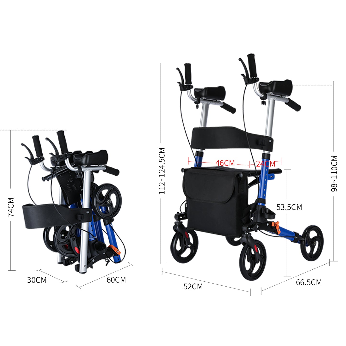 ByteTecpeak R2 Rollator leggero e pieghevole in alluminio, con sedile, stampelle, schienale e borsa, dotato di supporti regolabili per gli avambracci, portata fino a 100 kg, ideale per gli anziani.