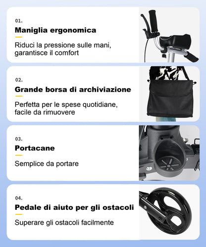 ByteTecpeak R2 Rollator leggero e pieghevole in alluminio, con sedile, stampelle, schienale e borsa, dotato di supporti regolabili per gli avambracci, portata fino a 100 kg, ideale per gli anziani.