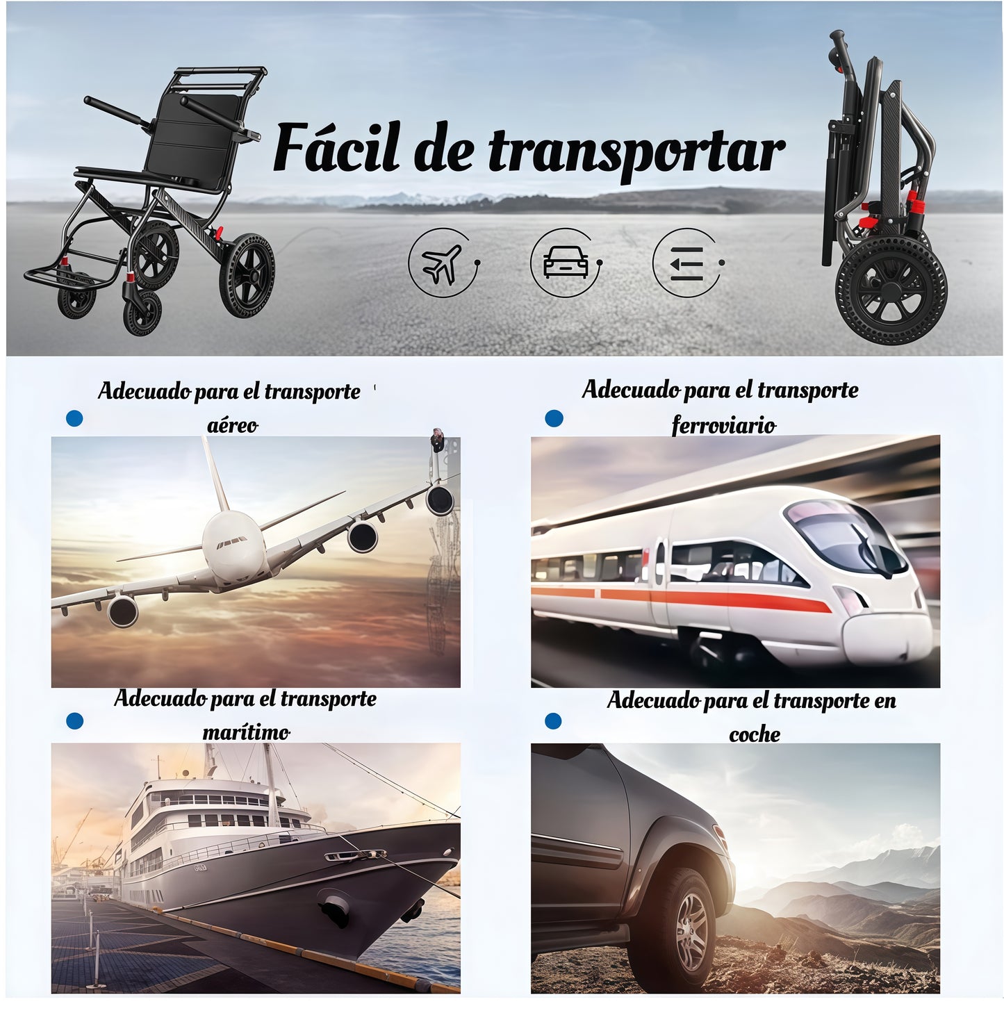 ByteTecpeak M1 Silla de ruedas de viaje ligera y plegable, transporte plegable, capacidad de carga 100 kg