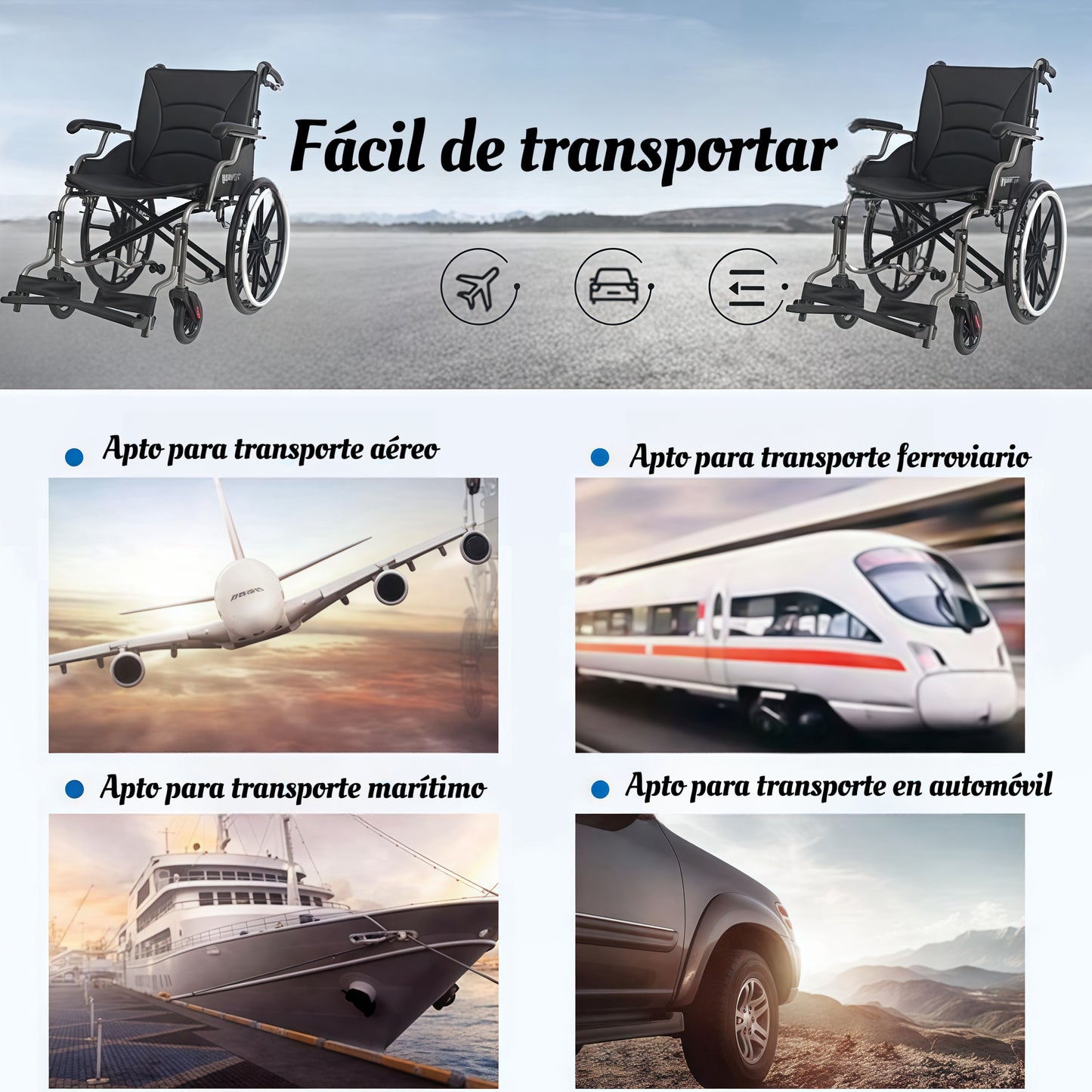 ByteTecpeak M4 Silla de ruedas plegable con doble cojín de asiento