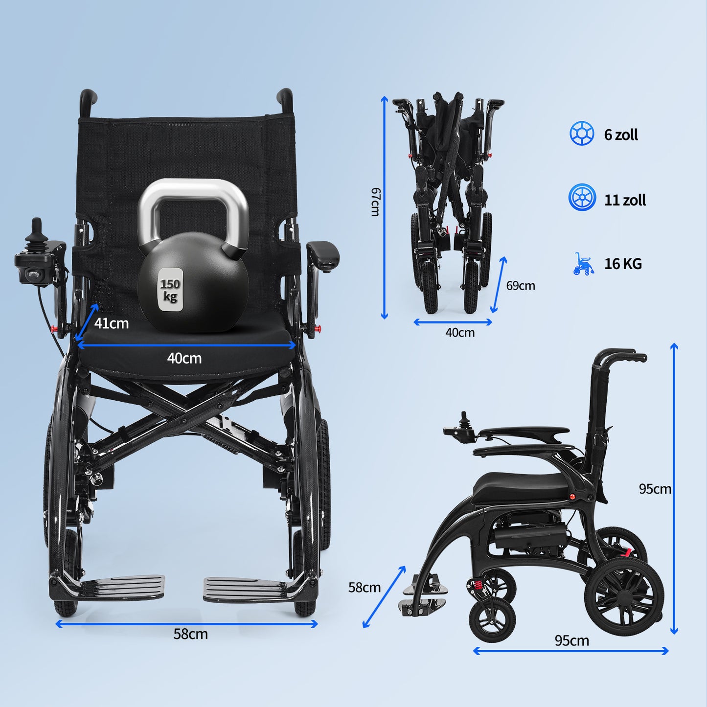 ByteTecpeak XP01 Elektrischer Rollstuhl aus Carbon, 2×8Ah Batterien, Reichweite 25 km